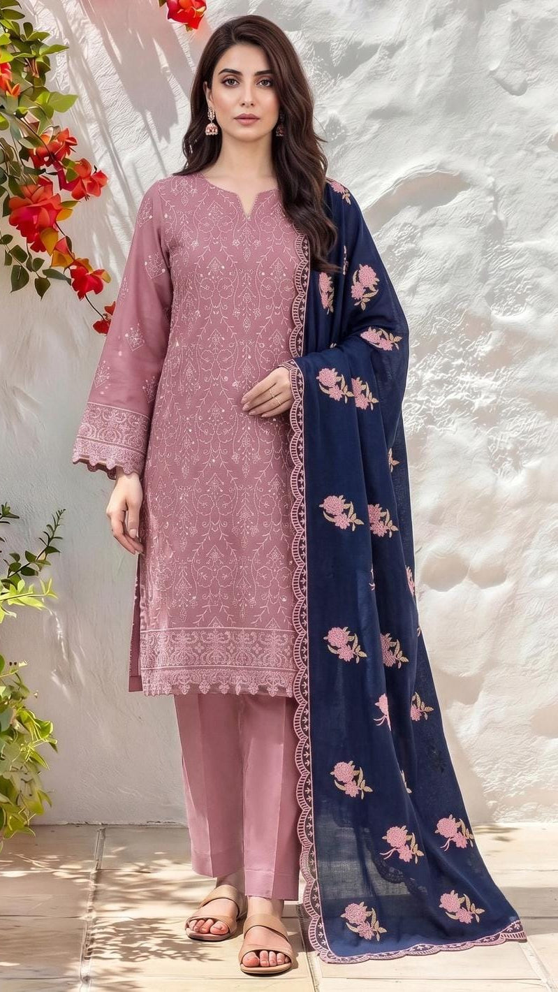 Pink Dhanak 3 Piece  Embroidered Suit With Embroiderd 4 sided Ready to Wear Shawl D-2252