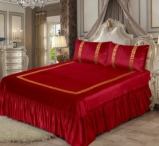Mehroon King Size Velvet Frill Bed Sheet Set with Greek Patterns, &amp; Matching Pillowcases