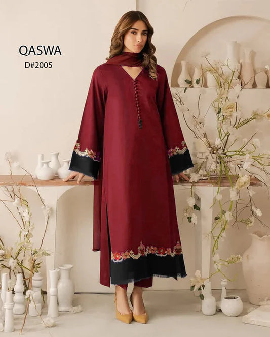 Qaswa Dhanak Embroidered Three piece 1747 MEHROON