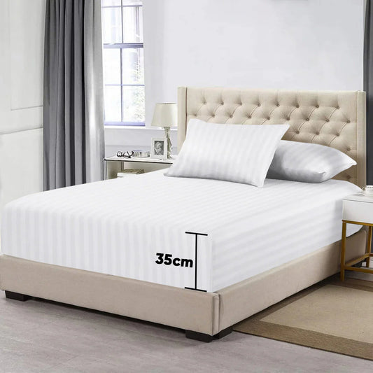 3 Pcs Stripe Fitted Sheet Set-White