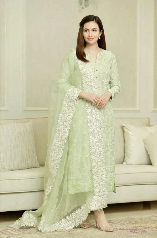 Embroidered Unstitch 3Pc Linen Suit With Organza Embroidered Dupatta